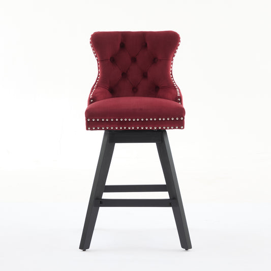 Swivel Velvet Barstools With Button Tufted Decoration And Wooden Legs, And Chrome Nailhead Trim, Leisure Style Bar Chairs,Bar Stools, Set Of 2 Wine Red