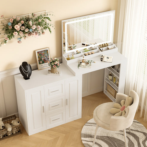 59Makeup Vanity Desk With Mirror, Vanity Mirror With Lights, Dressing Table With 3 Drawers And 2 Cabinets, Vanity Table With Storage Shelves For Bedroom, White - CJDS