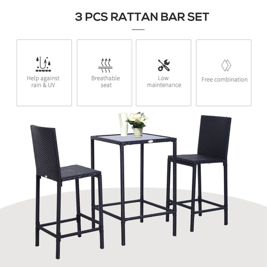 3pcs Rattan Bar Set With Glass Top Table, 2 Bar Stools For Outdoor, Patio, Garden, Poolside, Backyard