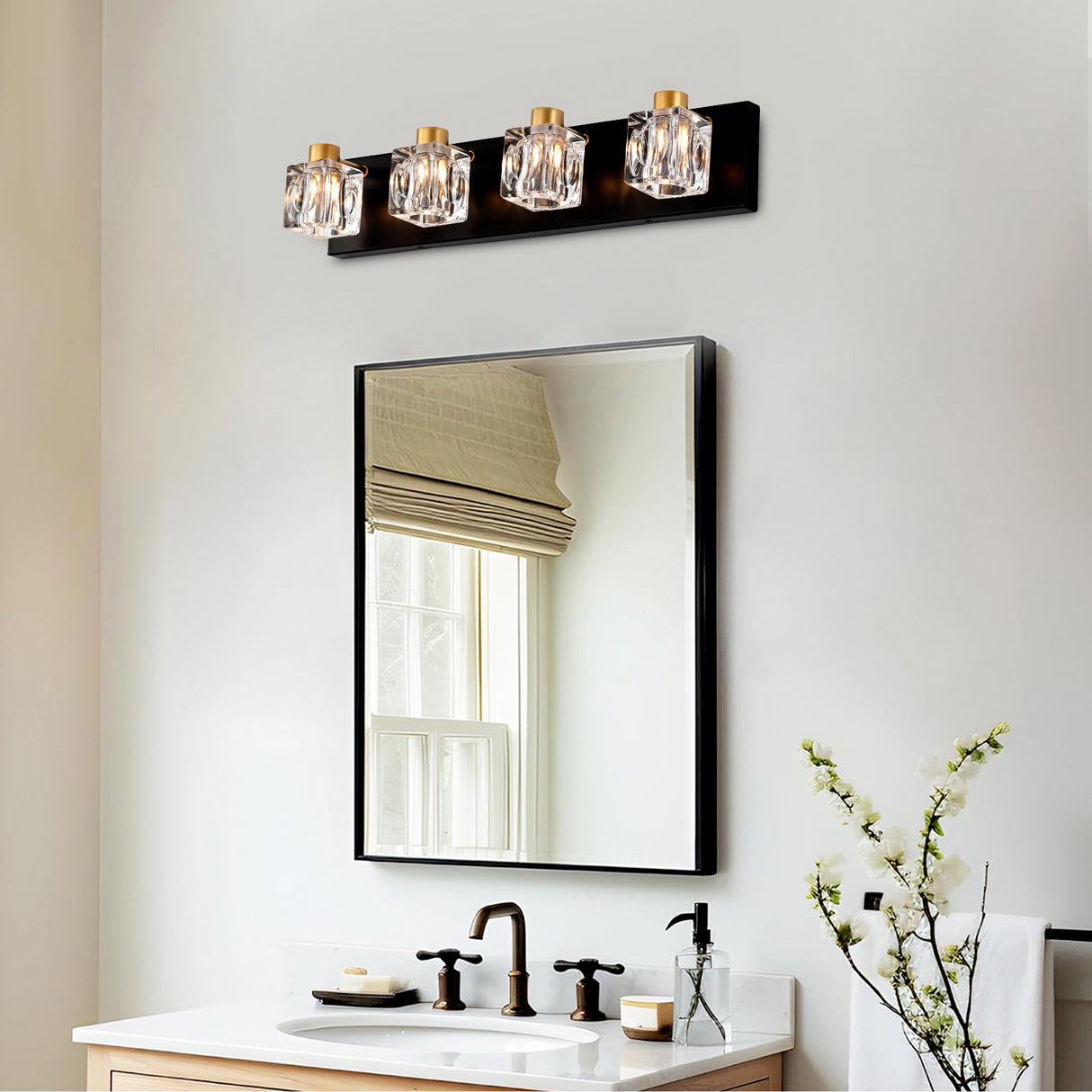 4-Light Matte Black Gold Bathroom Light Fixtures, Modern Vanity Lights With Crystal Glass Shade, Vintage Light Fixture Bathroom Over Mirror Wall Lights For Kitchen Dinning Room Bedroom Hallway - CJDS