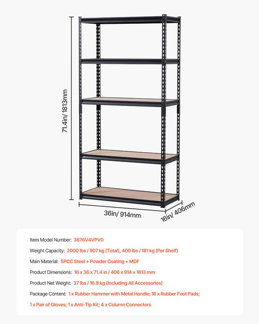 Storage Shelves 16 D X 36 W X 71.4 H 5-tier Garage Storage Shelving