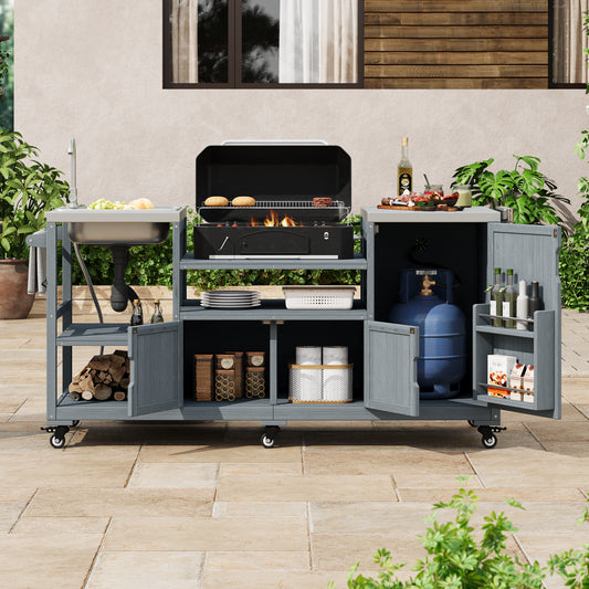 K&K 75.4 Outdoor Kitchen Island With Sink, Solid Wood Outdoor Grill Cart For XL Green Egg Grills, Rolling Outdoor Bar Cart With Stainless Steel Top, For Pizza Prep & BBQ, Grey Blue
