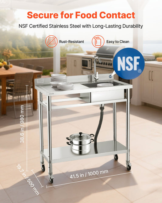 39.4" Rolling Stainless Steel Utility Sink – NSF-Certified Commercial Workstation with Wheels, Faucet & 3-Level Storage