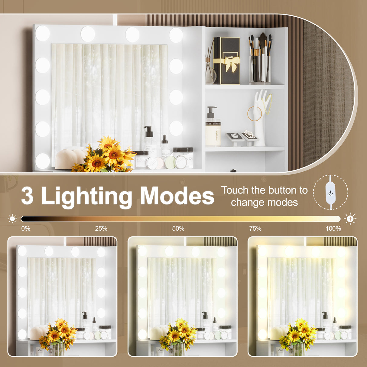 Vanity Desk With Mirror And 3 Lighting Modes, Makeup Vanity With Glass Top And Storage Shelves, Dressing Table With 2 Drawers And Cabinet - CJDS