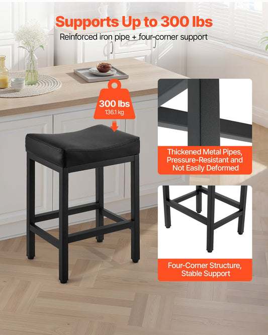 Bar Stool Set Of 2, PU Leather Counter Height Stools, 25 Inch Barstool With Saddle-Seat And Metal Legs, Easy Assembly Backless Bar Chair, Island Barstools For Kitchen, Dining Room, Cafe, Black