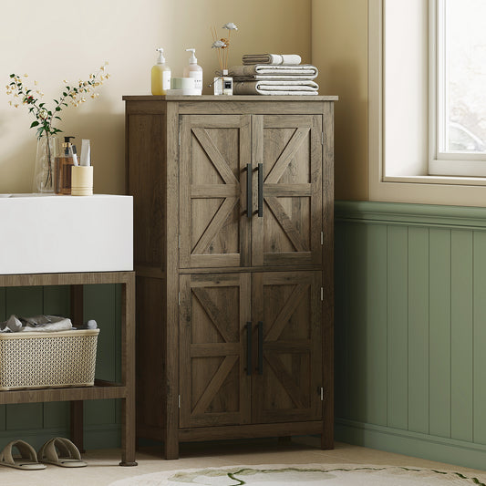 Bathroom Floor Storage Cabinet, Farmhouse Bathroom Cabinet with 4 Doors and Adjustable Shelf, Brown