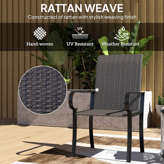 Set Of 2 Outdoor Wicker Dining Chairs With Armrest, Steel Frame, High Back And Deep Seating, Brown