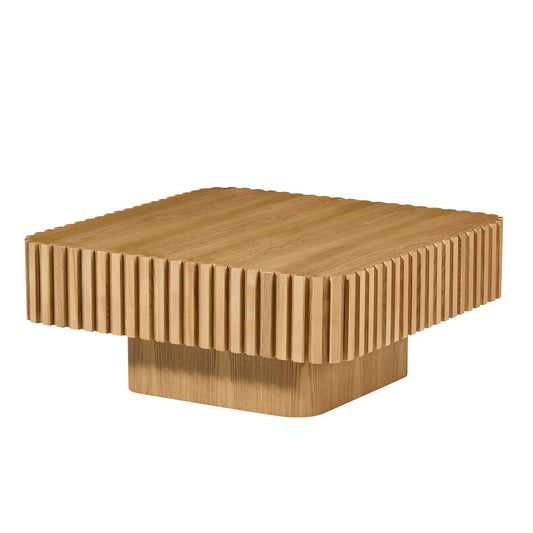 31.5 Inch Modern Handcraft Drum Coffee Table Square Coffee Table For Living Room,Small Wooden Coffee Table With Sturdy MDF Pedesta,Natural Color