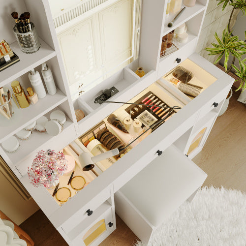 43.2 Vanity Desk With LED Mirror And Lights, Glass Top Vanity With RGB Glass Light Cabinets, Dressing Table With 5 Drawers ,Storage Shelves And Stool For Bedroom, White - CJDS