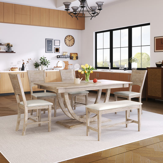 TOPMAx 6- Piece Wood Half Round Dining Table Set Kitchen Table Set With Long Bench And 4 Dining Chairs Modern Style Natural