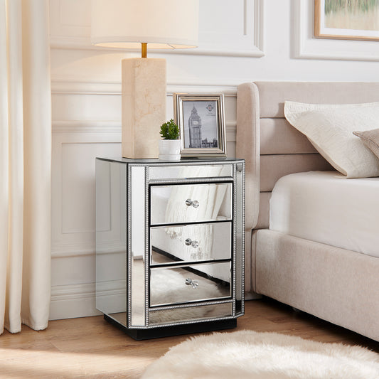 3-Drawer Mirrored Nightstand Bedside Table, Modern End Side Table, Mirrored Nightstand, Mirrored Side Table For Living Room, Bedroom, Entryway 17.7W X 13.8D X 23.6H