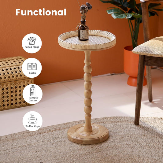 Wooden Coffee Table Round Rattan Side Table Living Room Coffee