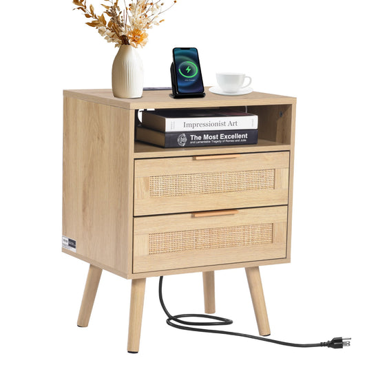 Rattan Nightstand, Boho Bedside Table With Open Shelf 2 Drawers, Rattan End Table Nightstand With Solid Wood Legs, Rattan Bedside Table With Charging Station, For Bedroom, Study & Living Room