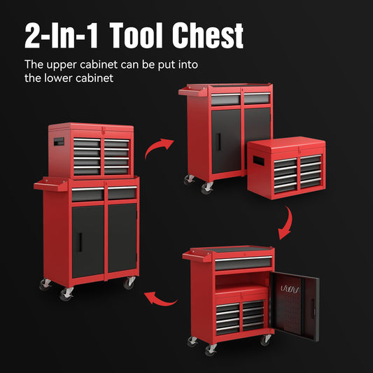 Tool Chest, 5-Drawer Rolling Tool Storage Cabinet With Detachable Top Tool Box, Liner, Universal Lockable Wheels, Adjustable Shelf, Locking Mechanism, Metal Tool Cart For Garage Workshop