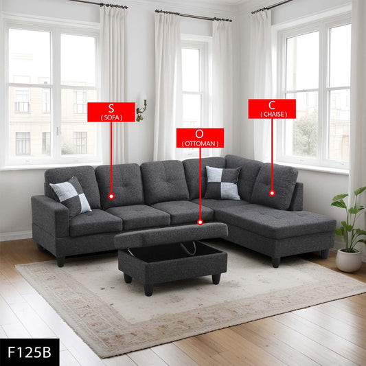 Pickup Only--Black Grey Linen 3-Piece Couch Living Room Sofa Set