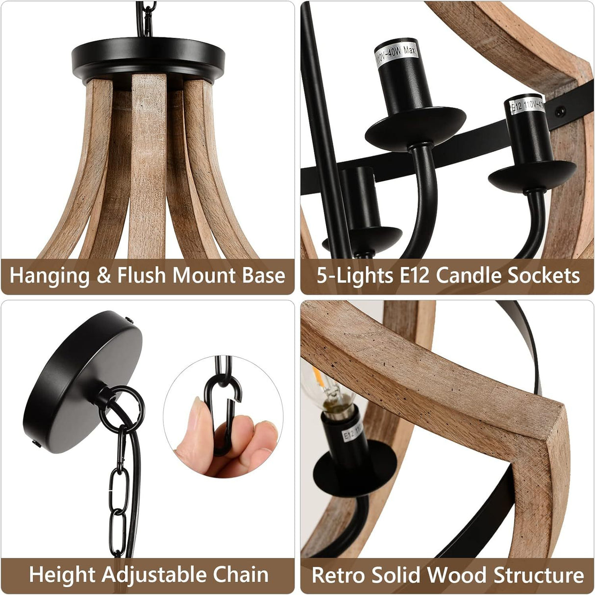 Solid Wood Modern Chandelier For Dining Room, Living Room, Kitchen, Island, Bedroom, Foyer, Height Adjustable, Brown Unavailable Platforms- CJDS