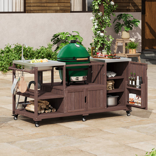 K&K 75.4 Outdoor Kitchen Island With Sink, Solid Wood Outdoor Grill Cart For XL Green Egg Grills, Rolling Outdoor Bar Cart With Stainless Steel Top, For Pizza Prep & BBQ, Brown