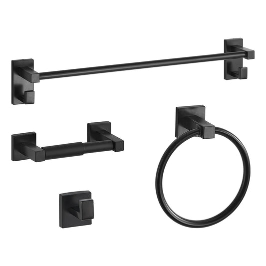 Matte Black Bathroom Hardware Set, 4 Pieces Stainless Steel Bathroom Accessories Set, 24-inch Towel Bar, Towel Ring, Robe Towel Hook, Toilet Paper Holder, For Bath Room, Wall Mounted