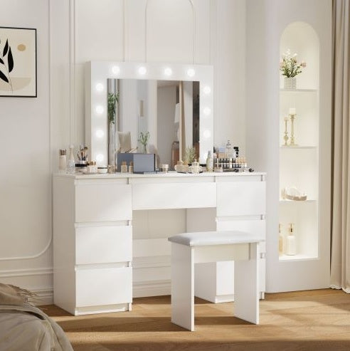 Large White Vanity Tables With Mirror And Light - CJDS