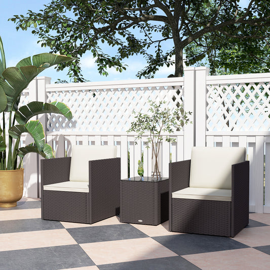 Folding Wicker Bistro Set, 3 Piece Patio Furniture Set with Cushions and Glass Coffee Table for Porch, Balcony, Brown