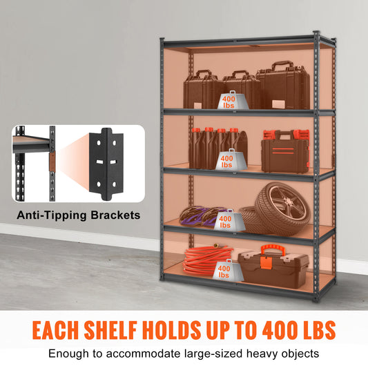 VEVOR Storage Shelving Unit, 5-Tier Adjustable, 2000 Lbs Capacity, Heavy Duty Garage Shelves Metal Organizer Utility Rack, Black, For Kitchen Pantry Basement Bathroom Laundry