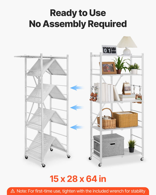 5-Tier Foldable Storage Shelf, 28 W X 15D X 64H Inch Folding Metal Rack Shelving Unit, No Assembly Organizer Shelf With 5 Wheels & 4 Hooks For Pantry, Kitchen, Garage, Basement, White