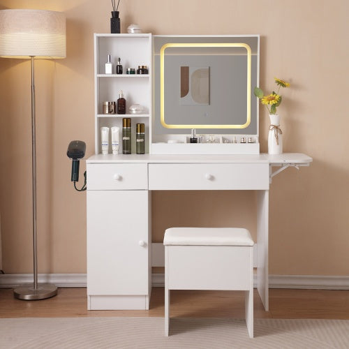 Vanity Desk With Lighted Mirror & Power Outlet, Makeup Vanity Desk With Drawers And Large Storage Cabinet For Bedroom, 3 Lighting Modes Adjustable Brightness, Storage Stool, White - CJDS