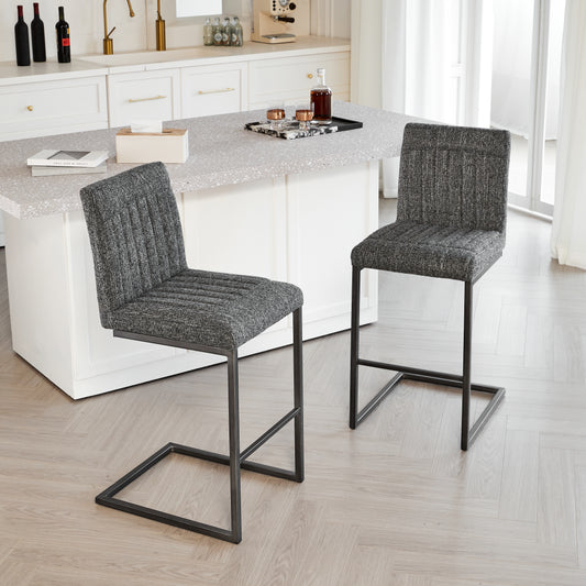 Bar Stool - Speckled Gray Textured Fabric With Vertical Tufted Backrest Sturdy Black Metal Frame & Footrest For Kitchen Island & Home Bar 2 Sets