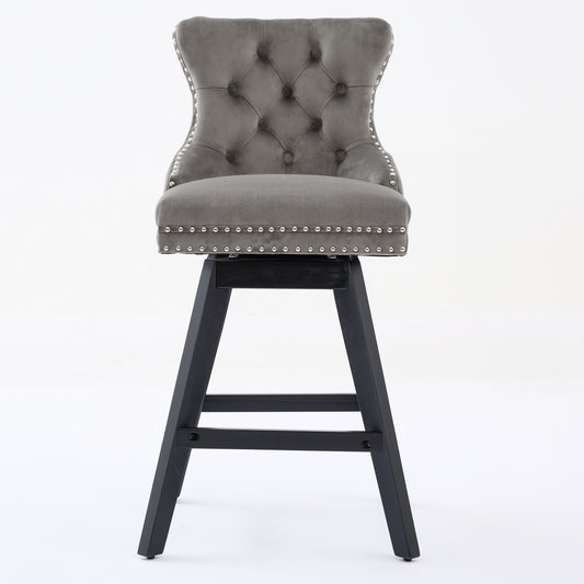 Swivel Velvet Barstools With Button Tufted Decoration And Wooden Legs, And Chrome Nailhead Trim, Leisure Style Bar Chairs,Bar Stools, Set Of 2 Gray,SW1860GY