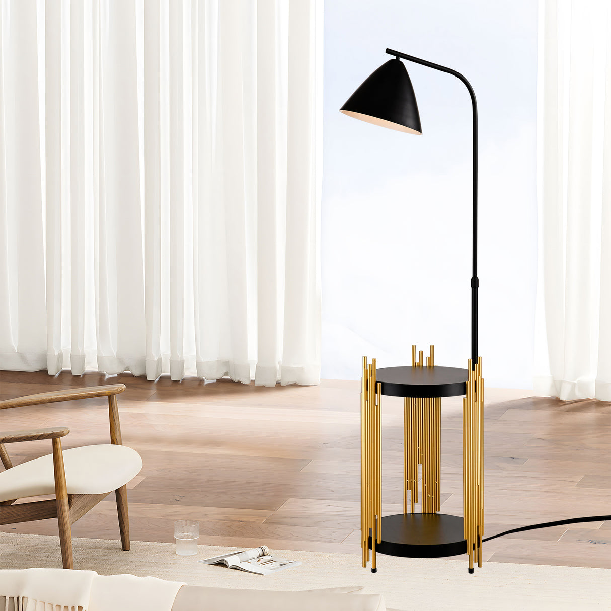 Luxury Shelves Floor Lamp For Living Room With Metal Lampshade, Standing Lamp Tall Industrial Floor Lamp Reading For Bedroom, Office E26 No Included Bulb -Matte Gold Matte Black - CJDS