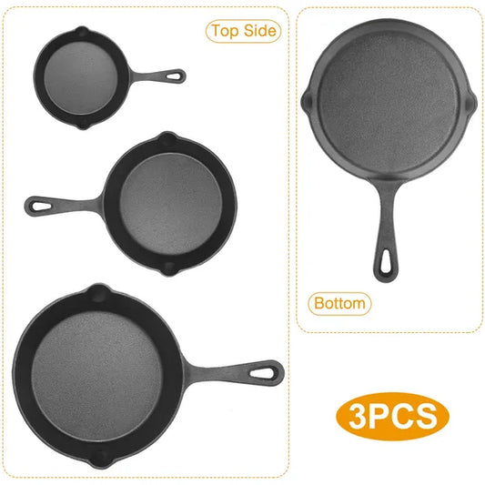 3Pcs Pre-Seasoned Cast Iron Skillet Set 6-8-10in Non-Stick Oven Safe Cookware Heat-Resistant Frying Pan