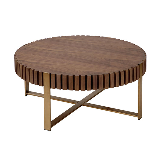 Modern Handcraft Drum Coffee Table 31.5 Inch Round Coffee Table For Living Room,Small Coffee Table With Sturdy Pedestal,Walnut