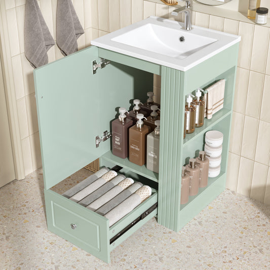 20 Freestanding Bathroom Vanity With Ceramic Sink, Single Faucet Hole, MDF Storage Cabinet With Soft-Close Drawer, Open Side Shelves With Pinewood Towel Bar, Modern Small Bathroom Vanity For Compact