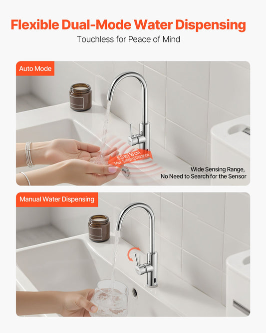 Touchless Kitchen Bar Sink Faucet, Single Handle Automatic Motion Sensor Bathroom Faucet, Hands-Free Adjustable Cold Hot Water Mixer Flexible Swivel For 9/16 In Pipe,Chrome Plated Silver