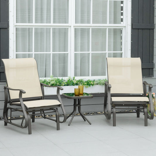 3-Piece Outdoor Gliders Set Bistro Set with Steel Frame, Tempered Glass Top Table for Patio, Garden, Backyard, Lawn, Beige
