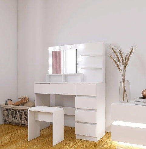 Vanity, Makeup Vanity Desk Set With Mirror Light, Dressing Table Storage Lots With Power Strip, 3 Lighting Modes With Adjustable Brightness, 37 Inches White With Stool - CJDS