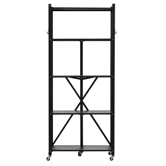 5-Tier Foldable Storage Shelf, 28W X 13D X 66H Inch Folding Metal Rack Shelving Unit, No Assembly Organizer Shelf With 5 Wheels & 4 Hooks For Pantry, Kitchen, Garage, Basement, Black