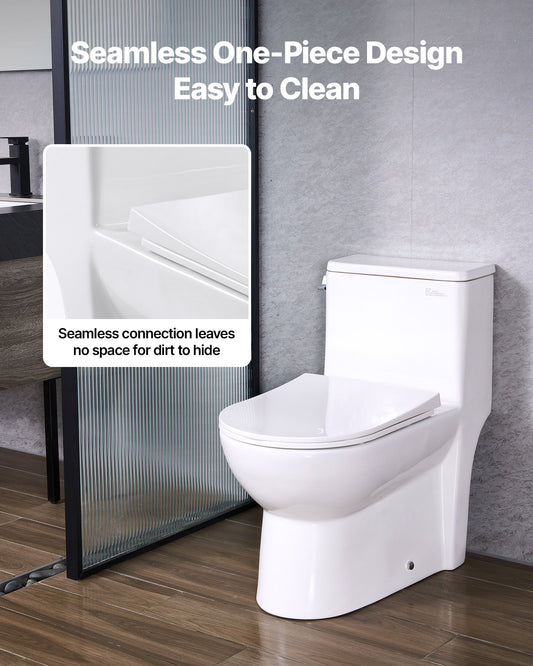 One-Piece Round Toilet – 1.28 GPF Efficient Flush, Compact Skirted Design, Easy-Clean Glazed Ceramic Bathroom Toilet