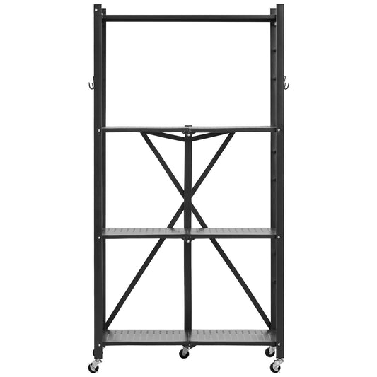 4-Tier Foldable Storage Shelf, 28W X 13D X 54H Inch Folding Metal Rack Shelving Unit, No Assembly Organizer Shelf With 5 Wheels & 4 Hooks For Pantry, Kitchen, Garage, Basement, Black
