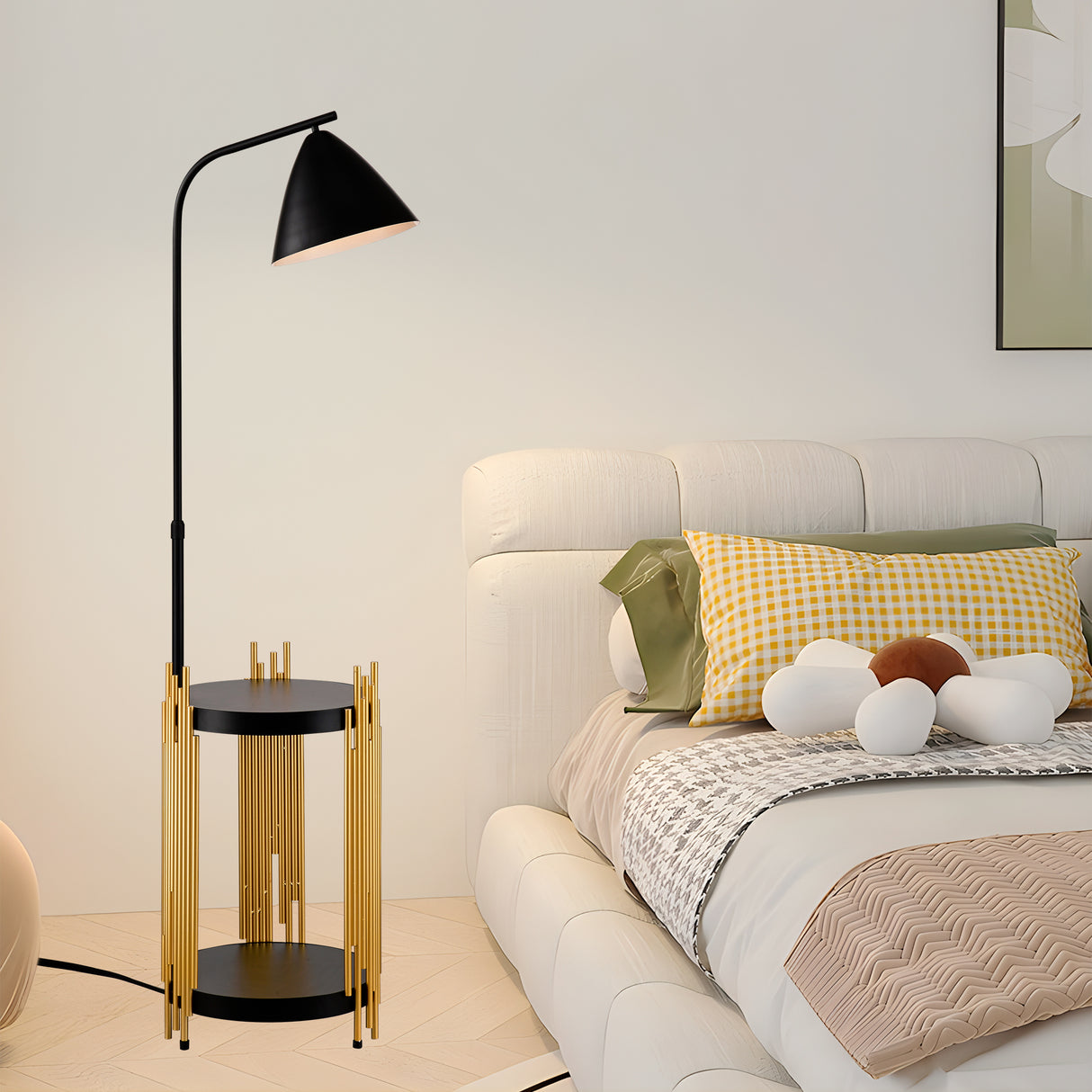 Luxury Shelves Floor Lamp For Living Room With Metal Lampshade, Standing Lamp Tall Industrial Floor Lamp Reading For Bedroom, Office E26 No Included Bulb -Matte Gold Matte Black - CJDS