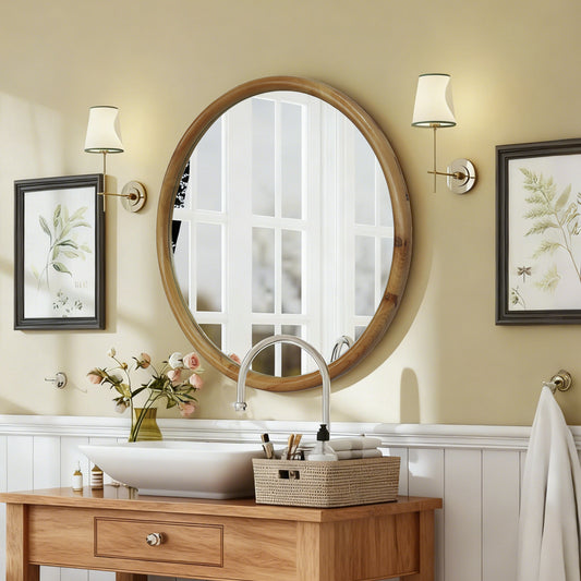 Round Wood Framed Wall Mirror, 35.43 Natural Wooden Circle Mirror For Bathroom, Bedroom, Entryway, Mid-Century Modern Decorative Mirror