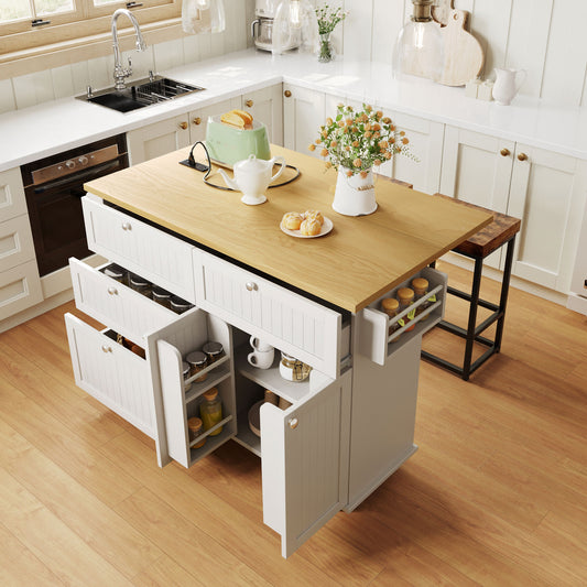 TOPMAx Farmhouse Kitchen Island With Drop Leaf And 2 Seatings Kitchen Table Set With Storage Cabinet Drawers Door Shelves And Power Outlet White
