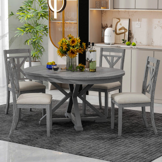 TREXM 5-Piece Retro Functional Dining Table Set Extendable Round Table And 4 Upholstered Chairs For Dining Room And Living Room Grey