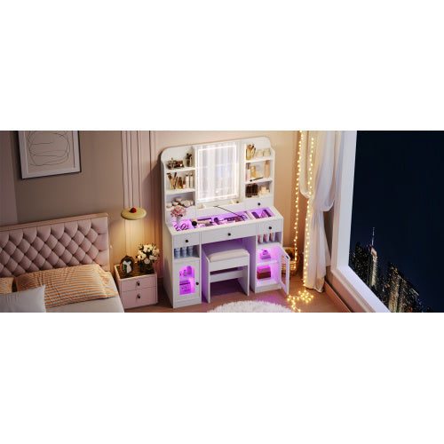 43.2 Vanity Desk With LED Mirror And Lights, Glass Top Vanity With RGB Glass Light Cabinets, Dressing Table With 5 Drawers ,Storage Shelves And Stool For Bedroom, White - CJDS