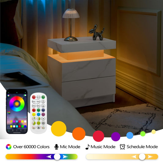 Nightstand LED Bedside Table Cabinet Lights Modern End Side With 2 Drawers For Bedroom White Stone