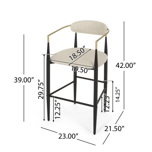 Barstools Set Of 2, Counter Height Upholstered Bar Stools With Back For Kitchen Island, Beige Faux PU Leather Seating Black Iron Legs 260LBS Weight Capacity