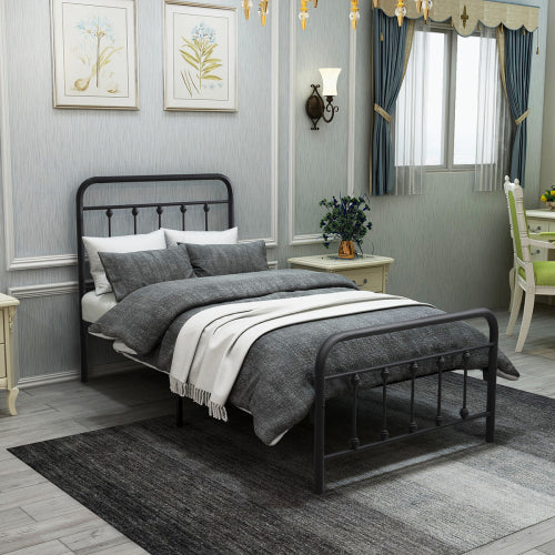 Metal Platform Bed Frame, Victorian Style HeadboardFootboard Under Bed Storage No Box Spring Needed Twin Size Black