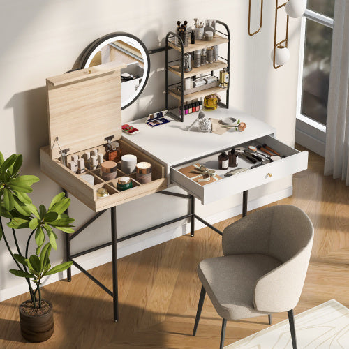 Makeup Vanity Desk With 3-Mode Lighted Mirror & Wireless Charging Station , Vanity Table With Drawer & 3 Open Shelves For Ample Storage Space - CJDS