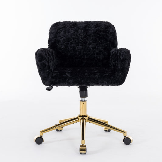 A&A Furniture Office Chair,Artificial Rabbit Hair Home Office Chair With Golden Metal Base,Adjustable Desk Chair Swivel Office Chair,Vanity Chair Black