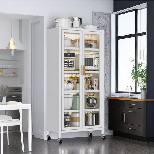 Open-door Kitchen Shelving Floor-to-ceiling Multilevel Household Microwave Storage Cabinet Bowls Side Cabinets Cabinets Storage Cabinets White Color